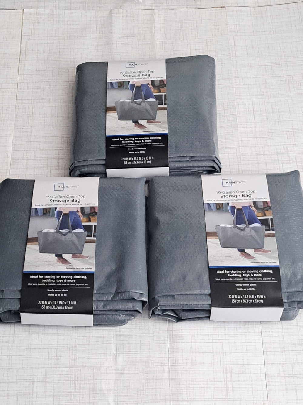 Lot Of 3 Mainstays Heavy Duty 19-Gallon Open Top Storage Bag-Gray